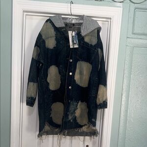 Thrill Patchwork Denim Jacket with Gray Hood